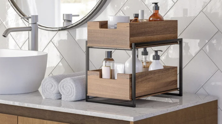 Costco Acacia Wood Tiered Bin Organizer on bathroom counter