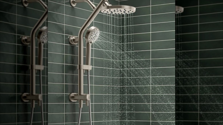 Kohler HydroRail Showerhead in luxurious bathroom with green tiles