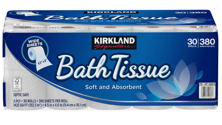 A 30-roll package of Kirkland bath tissue against a white background