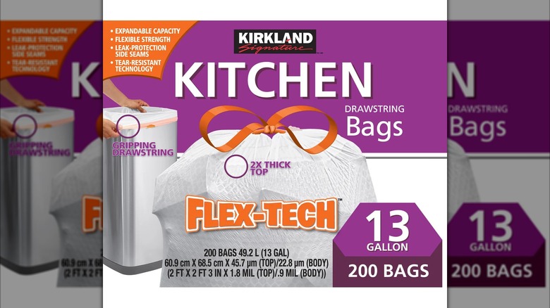 Close-up of front of Kirkland trash bag box label