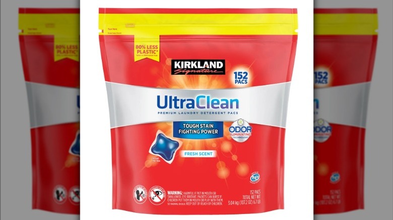 A red bag of Kirkland Ultra Clean laundry pacs against a white background