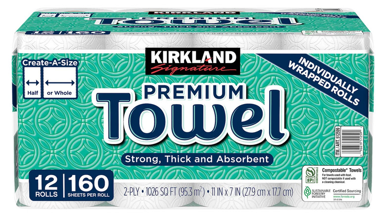 Close-up of Kirkland paper towel roll against a white background
