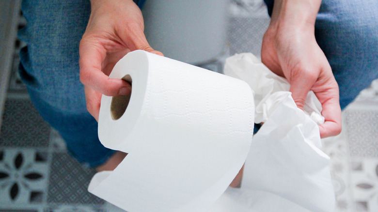 Person sitting on toilet holding a roll of toilet paper