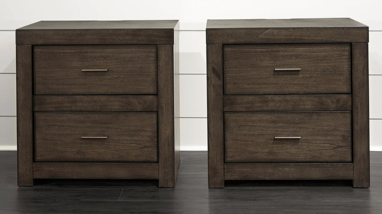 Two Parkside nightstands in a brownstone finish sitting side by side against a white wall