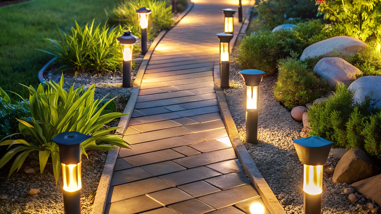 A garden pathway illuminated with solar stake lights