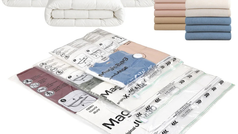 Sweatshirts and comforters shrunk down in MagicBag Vacuum Storage Bags.