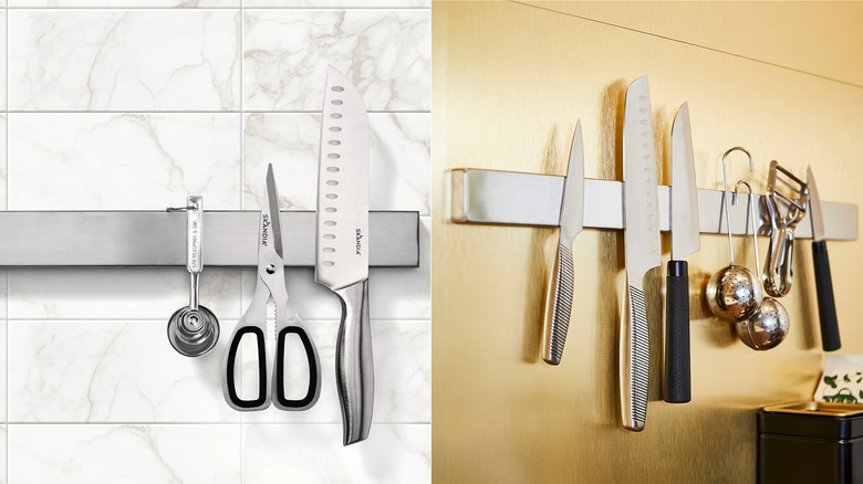 Costco Skandia Magnetic Wall Bars over marble wall on the left and IKEA KUNGSFORS Magnetic knife rack over metallic wall on the right
