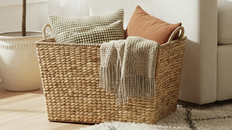 Woven basket filled with blankets and cushions next to an armchair