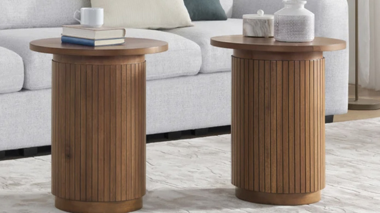 Wooden round coffee tables in living room