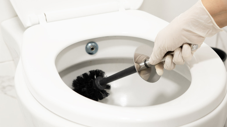 Person scrubbing toilet with black brush and white gloves