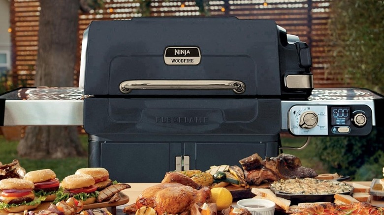 Cooked food in front of a Ninja grill