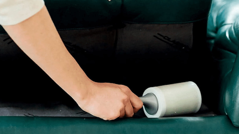 A person applying a lint roller to a leather surface