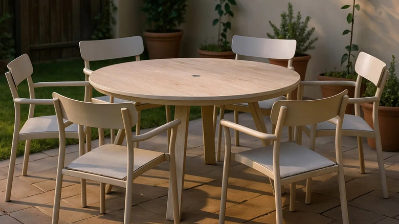 A patio set in light wood in a serene outdoor environment surrounded with greenery in terra cotta pots