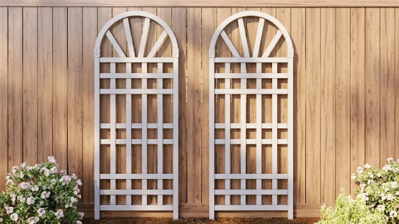 Two white nylon garden trellises positioned against a light wood fence