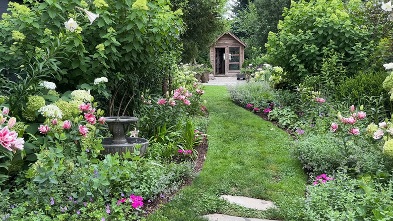 a cottage garden filled with plants that attract pollinators