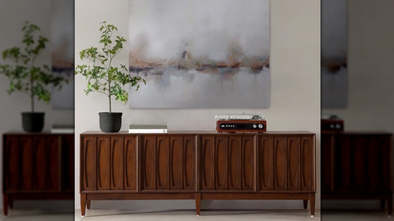 Monterey Bay accent console styled with plant and record player