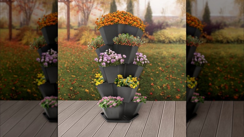 Flowers planted in Costco's multi-tier planter