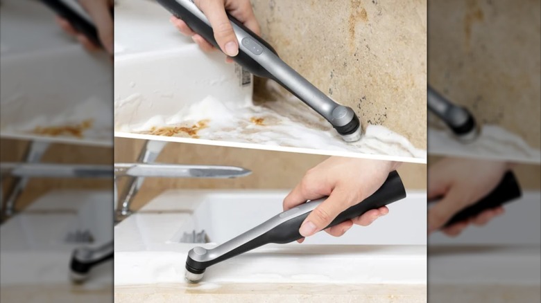 split image of HOTO wand scrubbed being used to clean bathtub