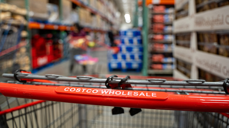 close-up of Costco shopping cart in store aisle