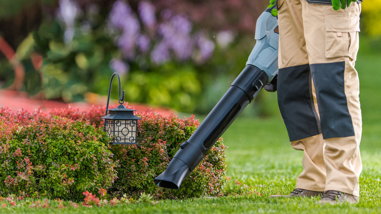 Gardener holding leaf blower