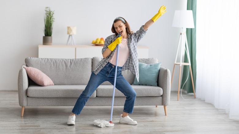 Woman cleaning her floors