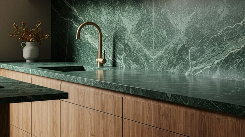 Green countertops with matching backsplash and a dull gold kitchen sink tap and sink. There are oak cabinets underneath.