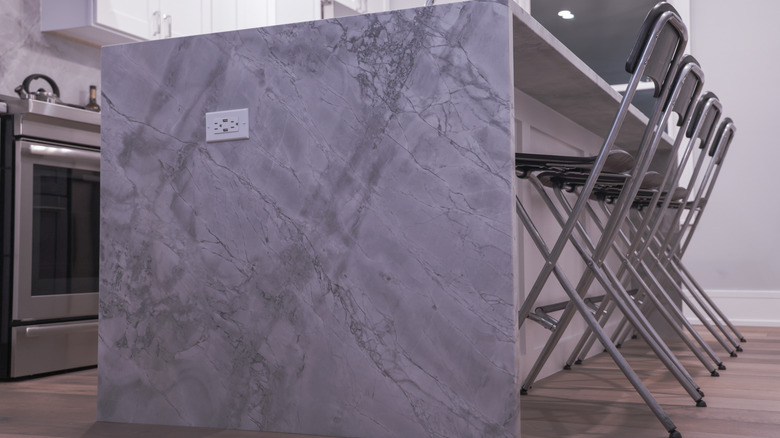 Closeup of a side of a quartzite kitchen island