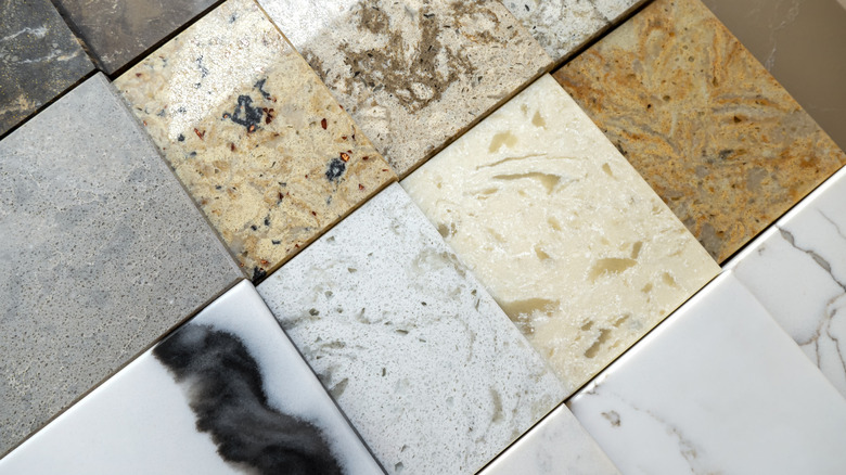 Close-up of kitchen countertop material samples