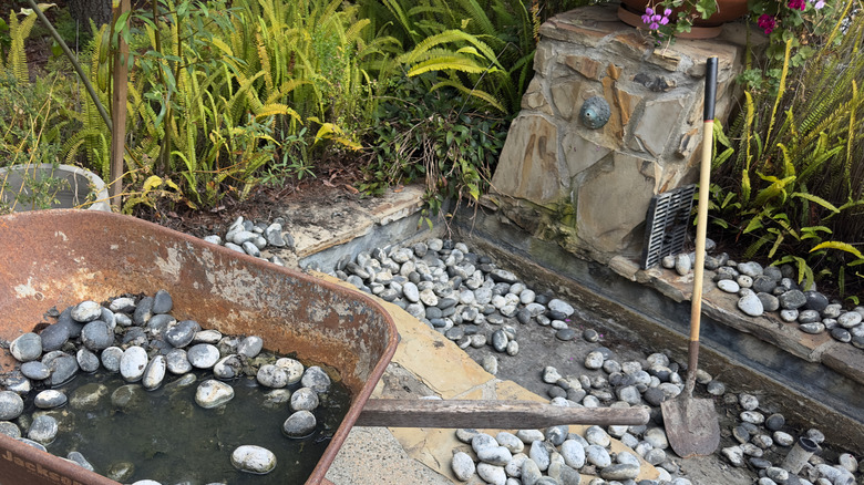 A rusted wheelbarrow with pebbles inside beside a hallow rectangular pond that's been drained.