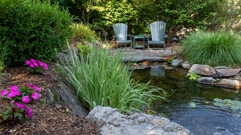 A large backyard pond surrounded by a plant border and a sitting area with two Adirondack chairs.