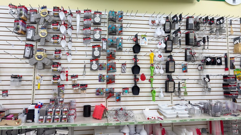 A Dollar Tree kitchen aisle with various essentials