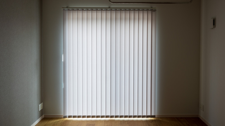 Room with plastic vertical blinds over large glass door