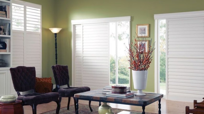 Levolor Custom By-Pass Shutters on living room sliding glass door