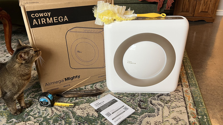 Coway Airmega Mighty AP-1512HH beside box with cat, duster, incense, and other items.