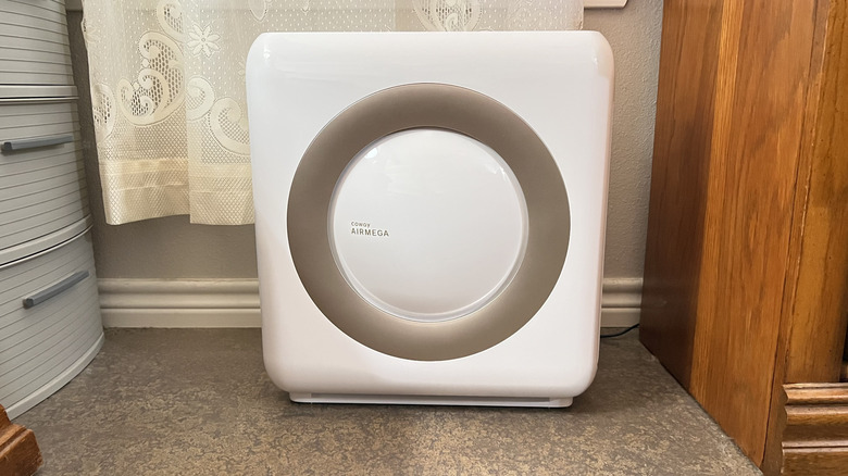 Coway Airmega Mighty AP-1512HH air purifier beside other furniture and lace curtain.