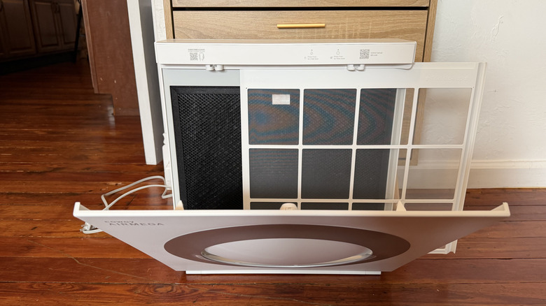 The Airmega Mighty2 with the front opened to reveal the pre-filter and black carbon filter