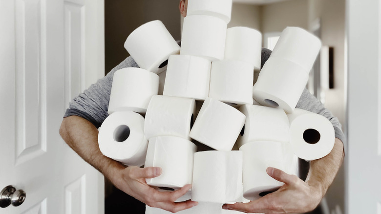 Person holding a pile of toilet paper rolls.
