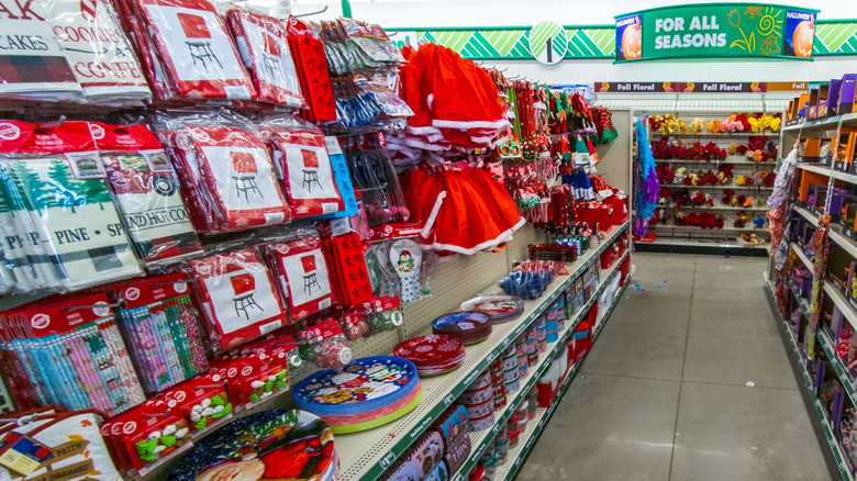 Holiday decorations on display in a Dollar Tree store.