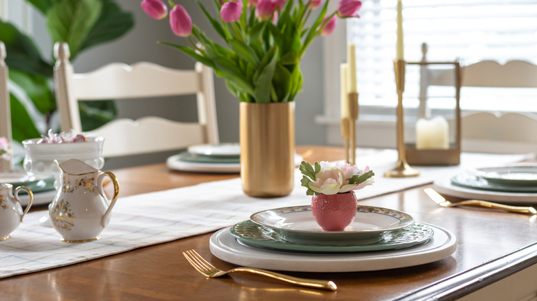 A springtime tablescape with flowers.