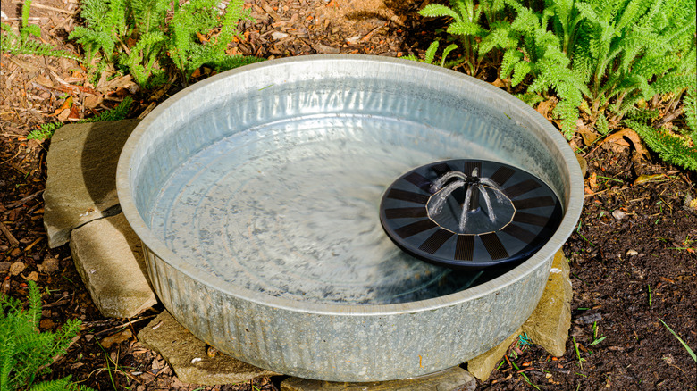 A solar water fountain on the ground in a garden
