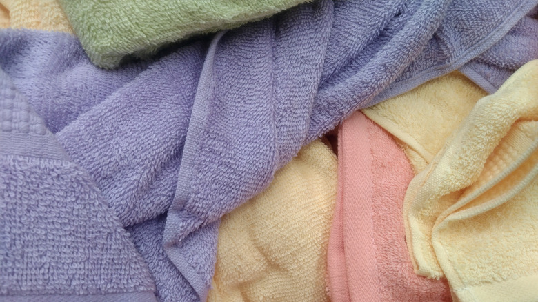 A pile of messy colorful towels
