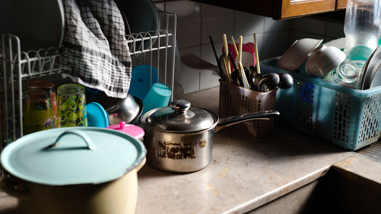 Cluttered kitchen counters.