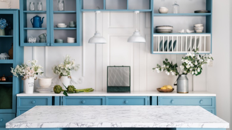 kitchen island blue cabinets