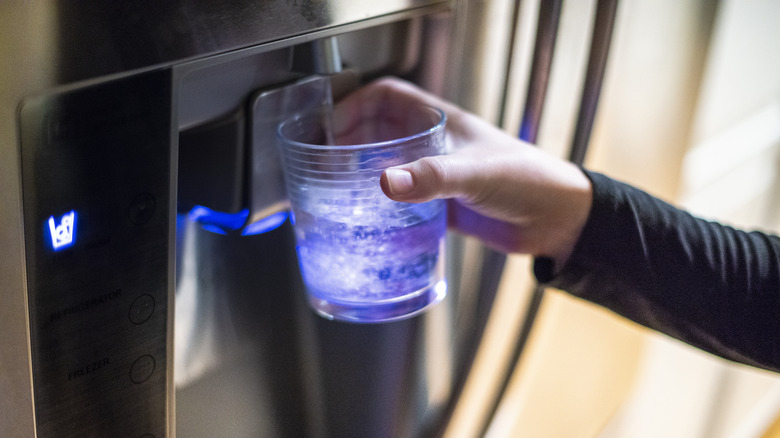 person getting water from fridge