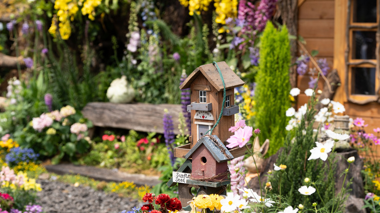 Whimsical garden with miniature wooden birdhouse