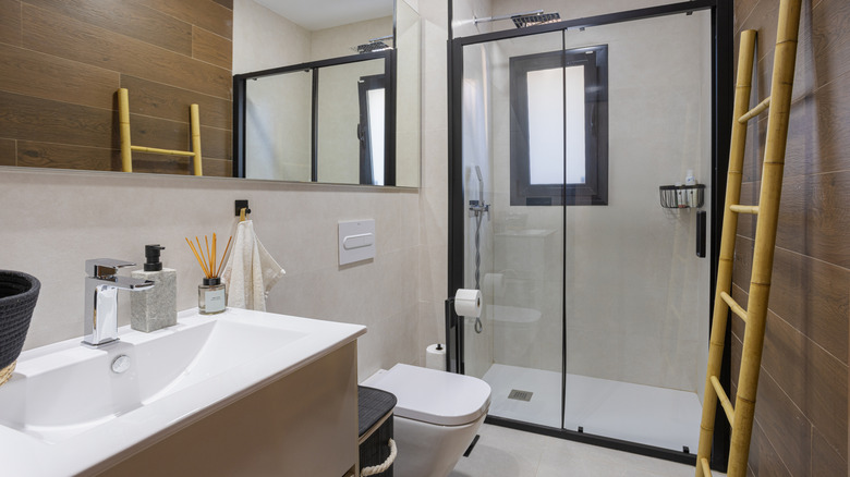 A bathroom features a walk-in shower framed by black metal, with a bamboo ladder sitting in front.