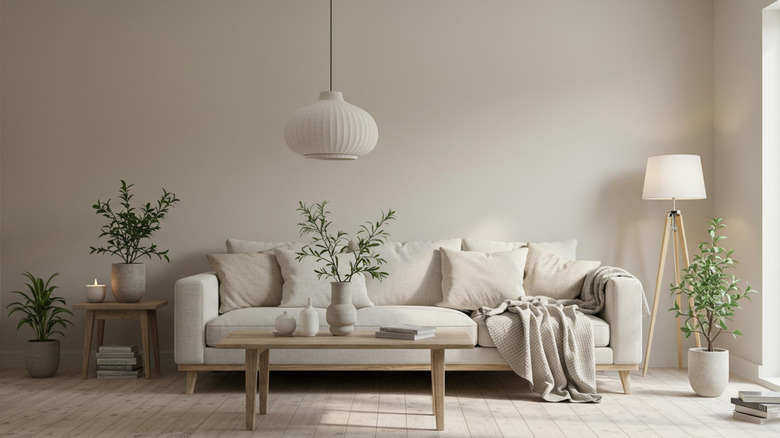Natural light illuminates a minimalist living room with a white sofa, wooden furniture, and lush green plants for a calming, Scandinavian-inspired ambiance.