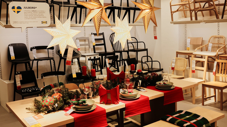 An IKEA showroom decorated for Christmas.