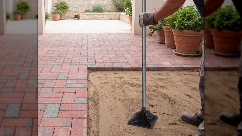 Person using Walensee tamper tool on base layer of soil next to brick patio