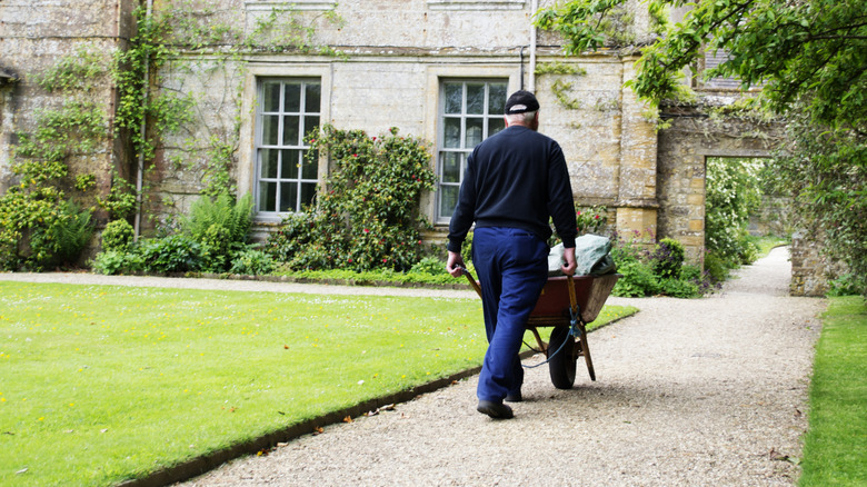 Person pushing wheelbarrow down gravel path